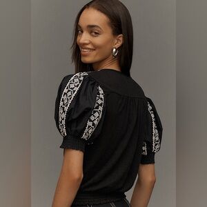 By Anthropologie Puff-Sleeve Embroidered Top Black Womens Size XS